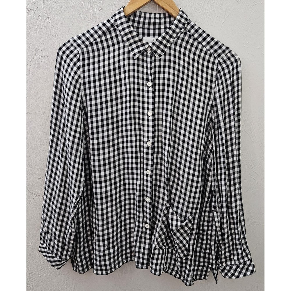 J. Jill Button Up Long Sleeve Top Womens Medium Petite Black White Check Plaid